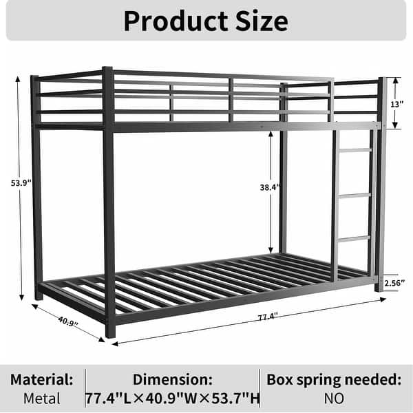 dimension image slide 0 of 2, Heavy Duty Metal Twin over Twin Bunk Bed with Noise Reduction and Safety Guardrail, Convertible to 2 Beds, 12" Under-Bed Storage
