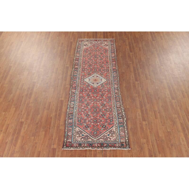 Geometric Hamedan Persian Vintage Runner Rug Hand-Knotted Wool Carpet - 3'7" x 10'3"