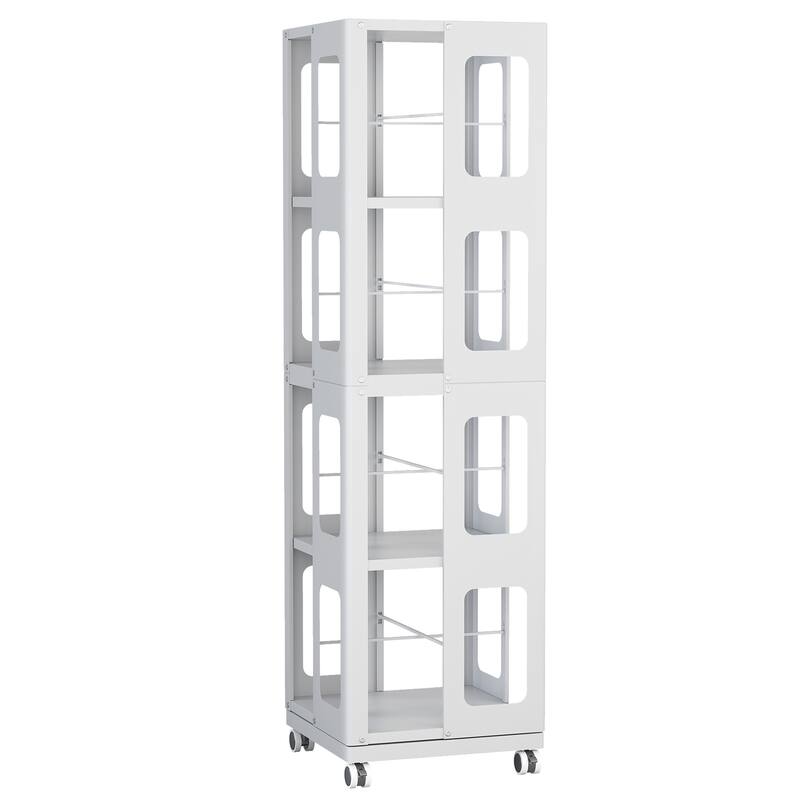 4-Tier All-Steel Rotating Bookshelf with 360° Wheels, Large Size Sturdy & Spacious Book Rack, New Style White Bookshelf