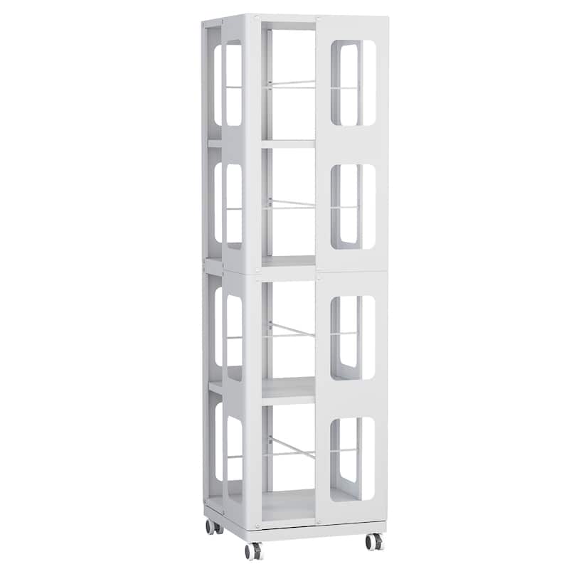 Modern 4-Tier Rotating Bookcase – 360° Swivel Wheels For Easy Mobility, Extra-Large All-Steel Construction .