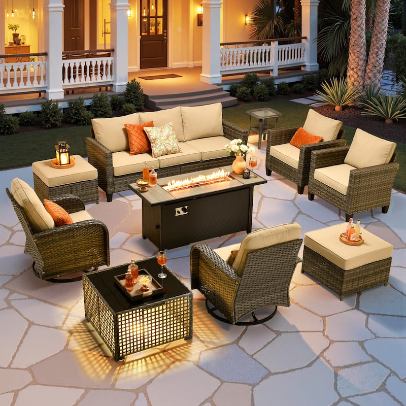 HOOOWOOO 10-piece Patio Furniture Set with Swivel Rocking Chairs Wicker Conversation Set - Beige