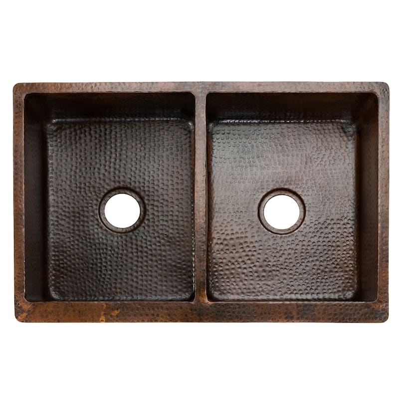 33-in Hammered Copper Kitchen Apron 50/50 Double Basin Sink w/ Barrel Strap Design with Accessories (KSP3_KA50DB33229BS)