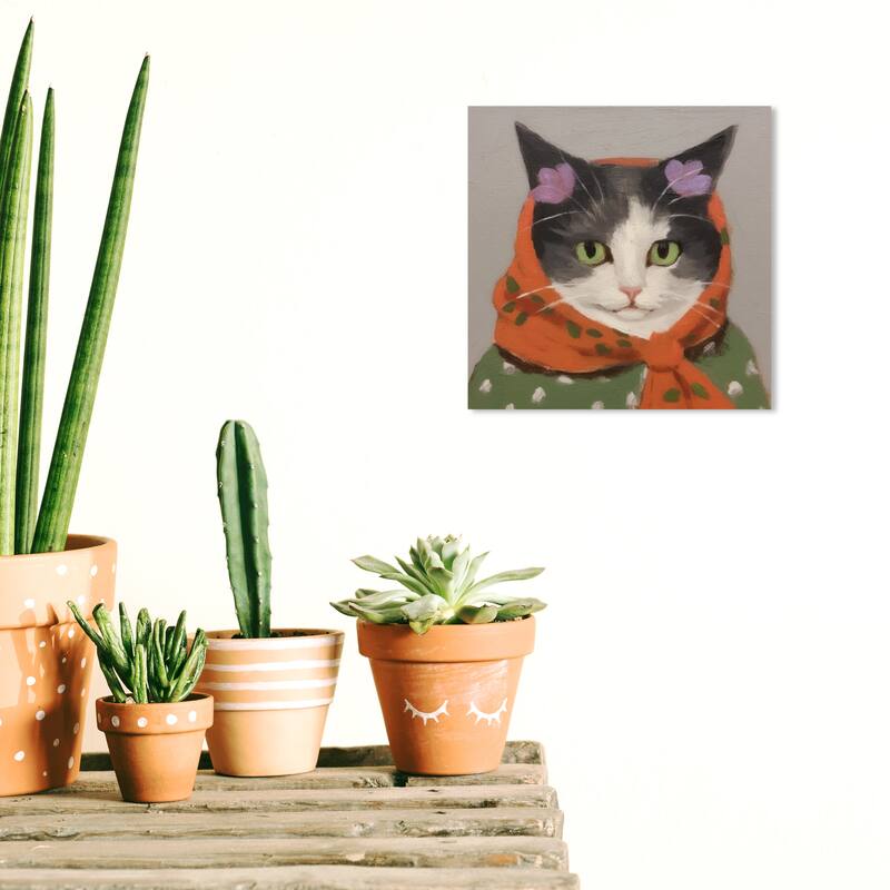 Wynwood Studio Canvas Animals Gatita s Headscarf Orange and Army Green Bohemian & Eclectic Wall Art Canvas Print - 12 x 12