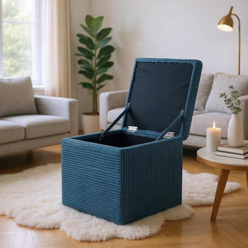Modern Square Corduroy Ottoman Footrest with Hidden Storage for Living Room or Bedroom