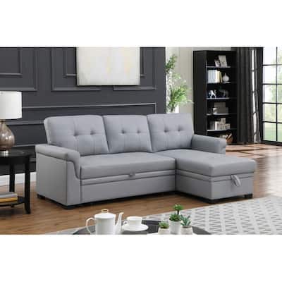 Lexi Gray Vegan Leather Modern Reversible Sleeper Sectional Sofa with ...