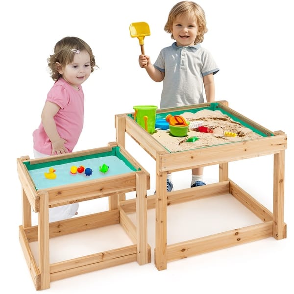 slide 2 of 10, Gymax Wooden Sand & Water Tables Outdoor Sensory Tables w/ Protective Brown