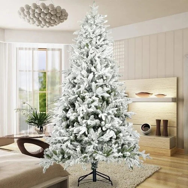 Snow Flocked Christmas Tree with White Realistic Tips Unlit - Green+White - 7 Foot