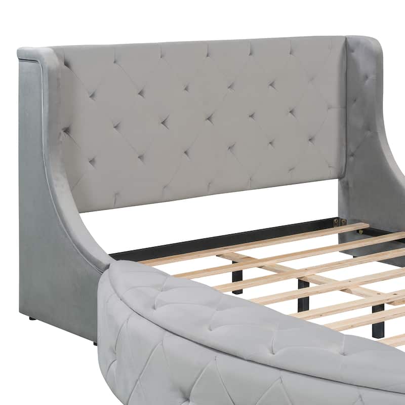 Low Profile Bed Queen Size Velvet Upholstered Platform Bed with Wingback Headboard, Big Drawer and 2 Semicircle Side Stools