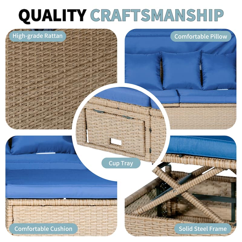 4 Piece UV-Proof Resin Wicker Patio Sofa Set with Retractable Canopy, Cushions & Lifting Table, Beige