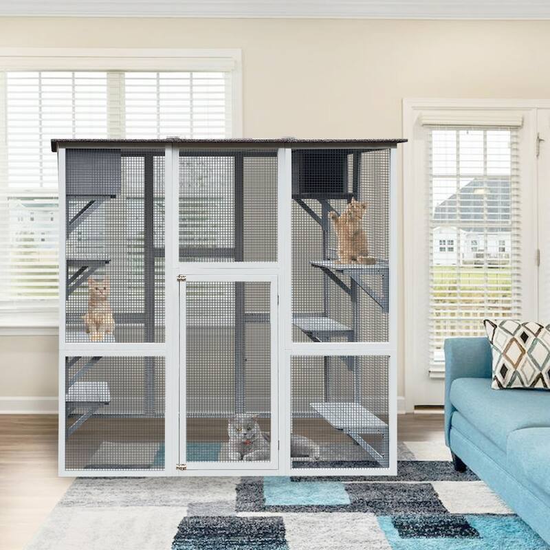 Outdoor Cat Enclosure with Roof, Platforms & Boxes, 30" to 70.9" Wide