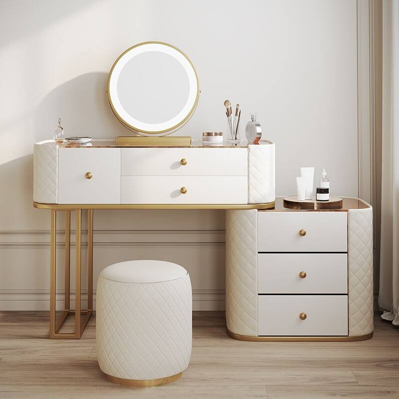 Modern Makeup Vanity Set with Mirror，Tempered Glass Tabletop, 6 Solid Wood Drawers with Leather, Gold-Plated, Stool, Beige - Beige-31.49" - 6-drawer