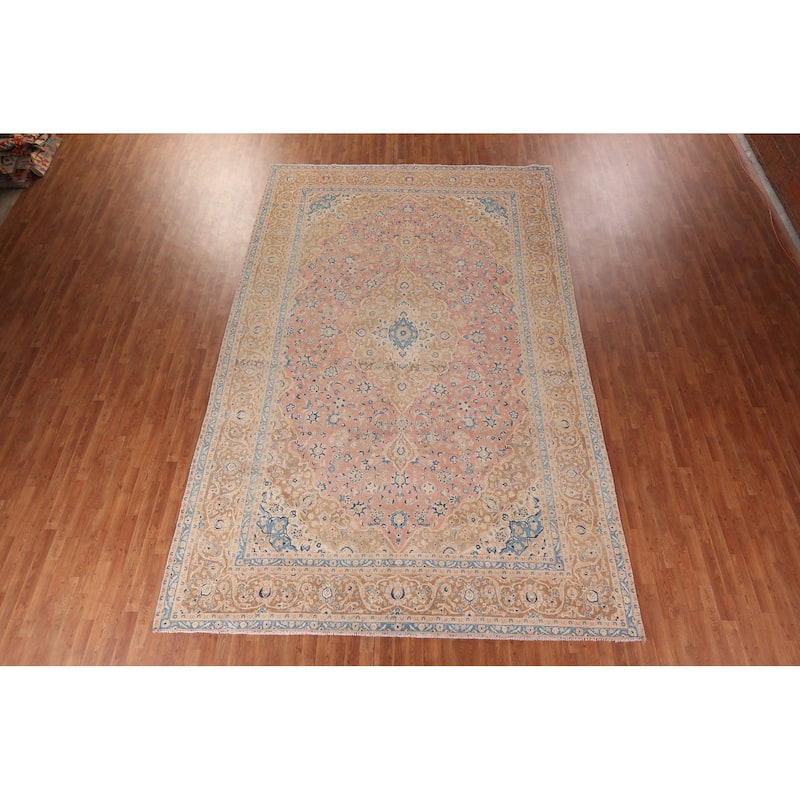Traditional Kashan Persian Large Vintage Rug Hand-Knotted Wool Carpet - 9'6"x 14'10"