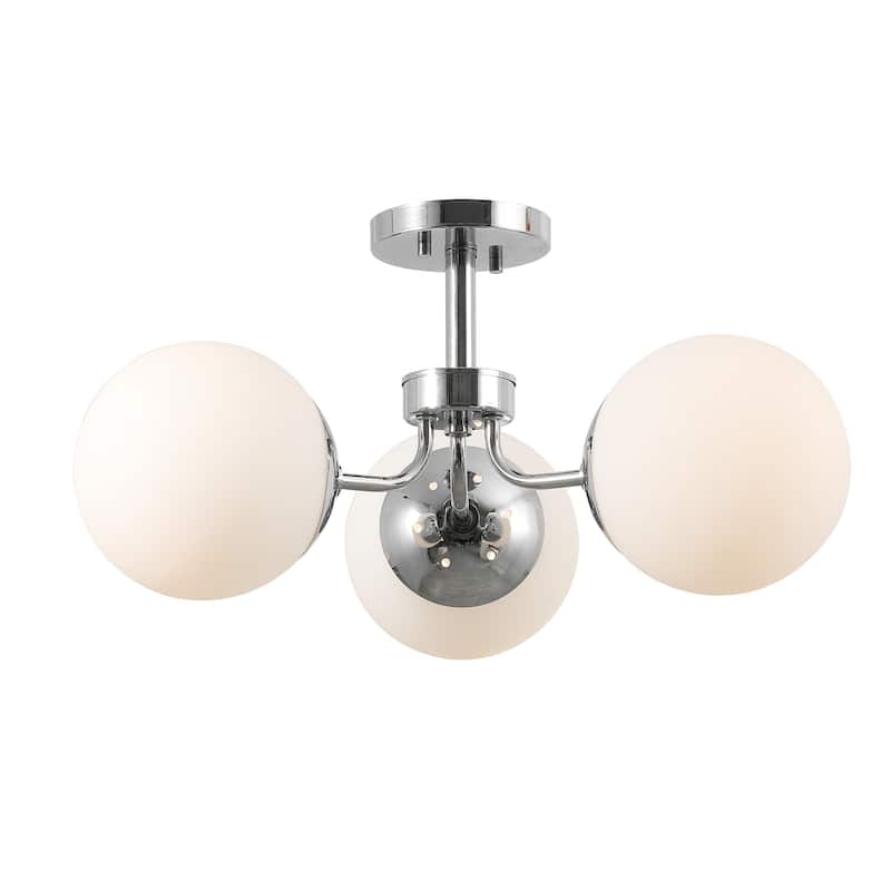 Ojai 23.5" 3-Light Bohemian Farmhouse Iron/Frosted Glass LED Semi Flush Mount, Brass Gold/White by JONATHAN Y - Chrome
