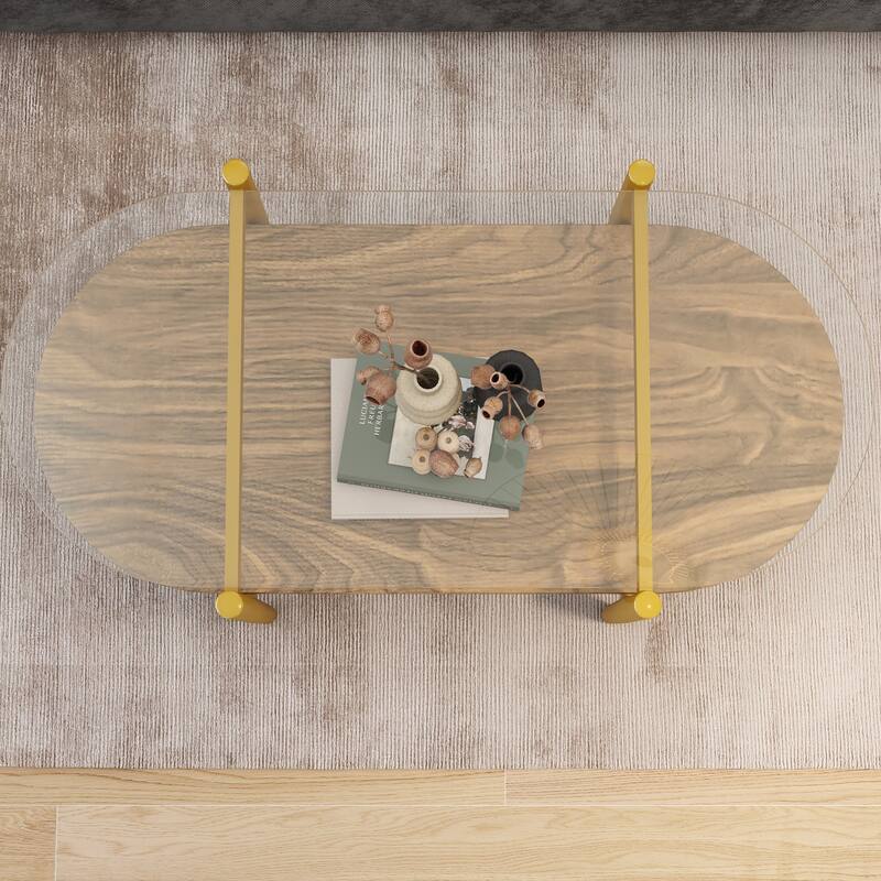 Oval Glass Coffee Table, 2-Tier Structure, Clear Glass Top and Walnut Finish Wood Shelf, Conical Legs with Gold Finish Frame