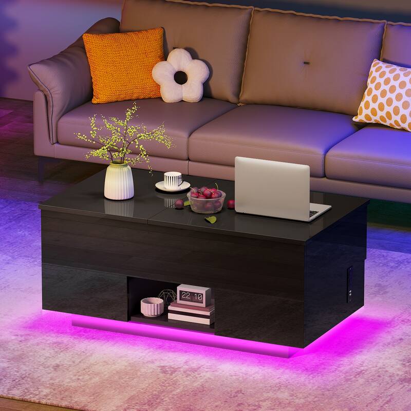 Moasis Modern Lift-top Coffee Table Glossy Cocktail Table with Charging Station and Drawers