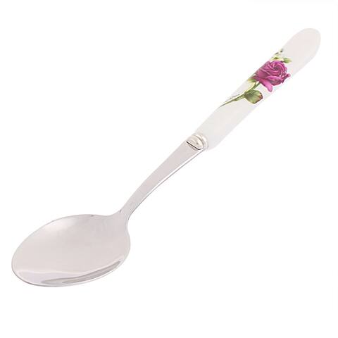 Rose Pattern Ceramic Handle Dinner Soup Serving Spoon - Silver Tone,White,Red