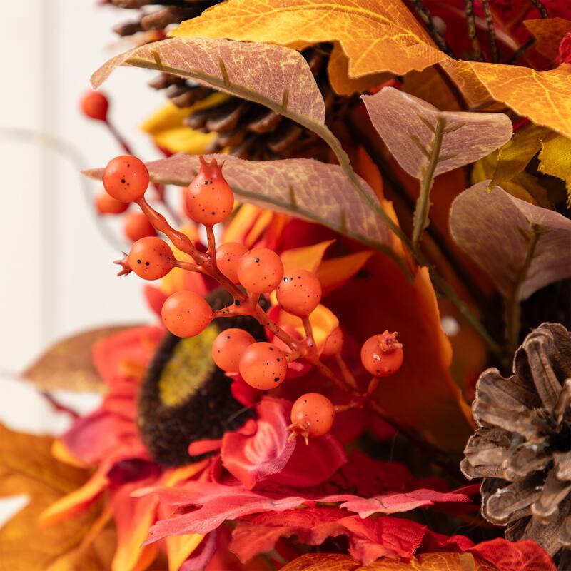Glitzhome 24"D Fall Sunflower Pinecone Berry Artificial Wreath or Porch Tree