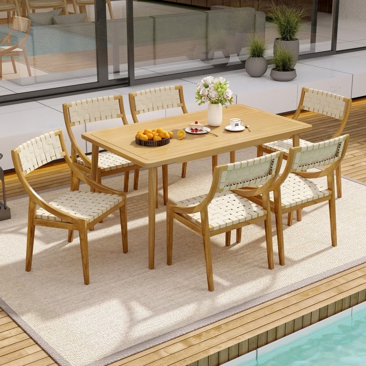 Natural Teak Wood Woven Webbing Dining Chair Armless Indoor Outdoor - 21" x 20.5" x 33"