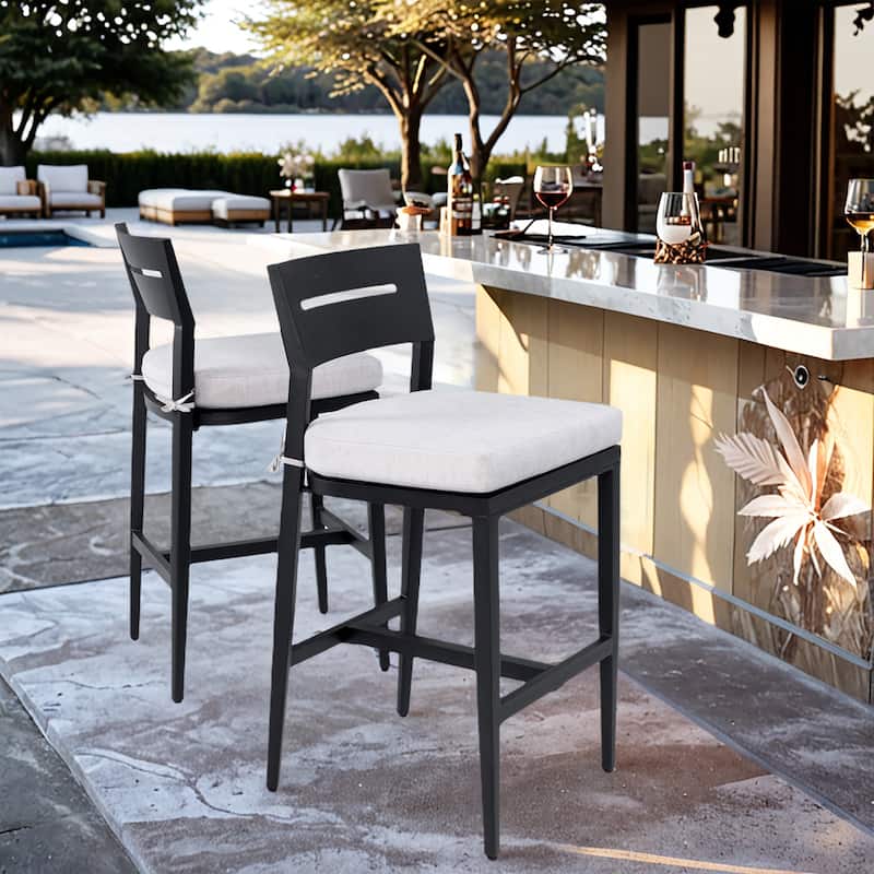 2-Piece Aluminum Bar Stools - Ember Black, Sunbrella Cushion, Tapered Legs - 21.6" D x 18.8" W x 41.7" H