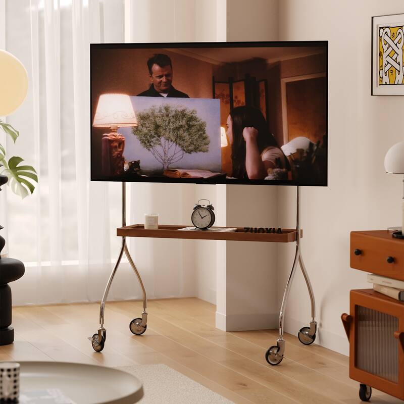 Walk around the TV stand with an antique,black movable stand for a floor-standing display TV cabinet and projection TV stand