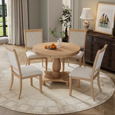 5-Piece Retro Dining Set, Round Table with Pedestal Table Base and 4 Upholstered Chairs for Dining Room and Kitchen