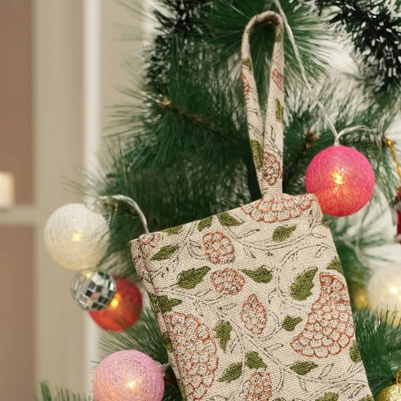 Fabdivine Hand Block Floral Print Christmas Knit Stockings, Home Decorative Gift Use - 16"X6.5"