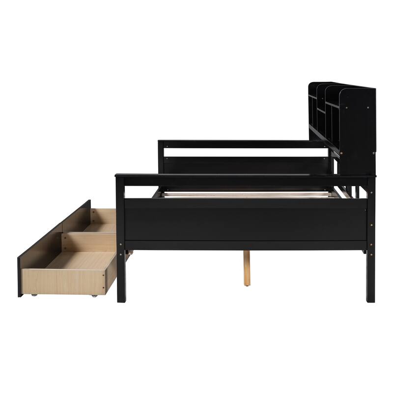 Twin/Full Size Daybed, Solid Wood Platform Sofa Bed Frame with Built In Bookshelves and Two Drawers