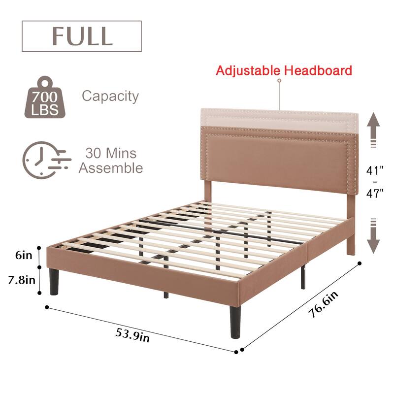 Upholstered Platform Bed Frame with Adjustable Headboard, Velvet Nailhead Trim, No Box Spring Needed