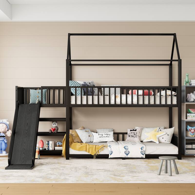 Full/Twin Metal House Bunk Bed with Storage Stairs & Slide