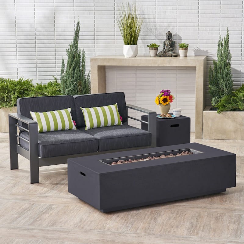 Cape Coral Outdoor Loveseat and Fire Pit Set by Christopher Knight Home - grey + dark grey cushion + dark grey
