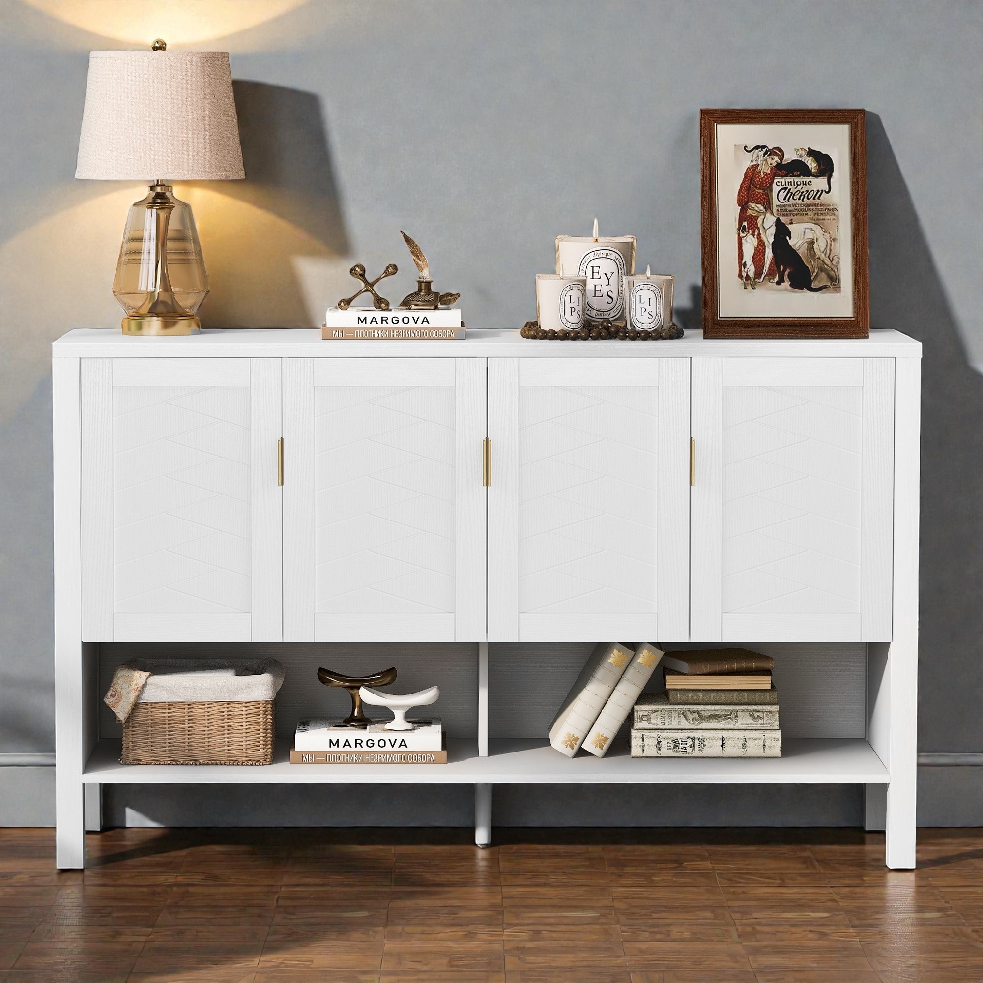55.1" Modern Sideboard Buffet Cabinet with 4 Doors, Open Shelf, Adjustable Shelves & Side Hooks for Living Room or Dining