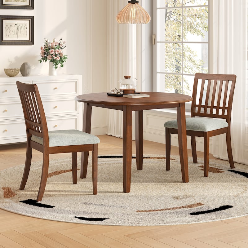 3-Piece Round Dining Table Set for 2 People, 1 Folding Wood Dining Table + 2 Upholstered Chairs, for Small Apartments