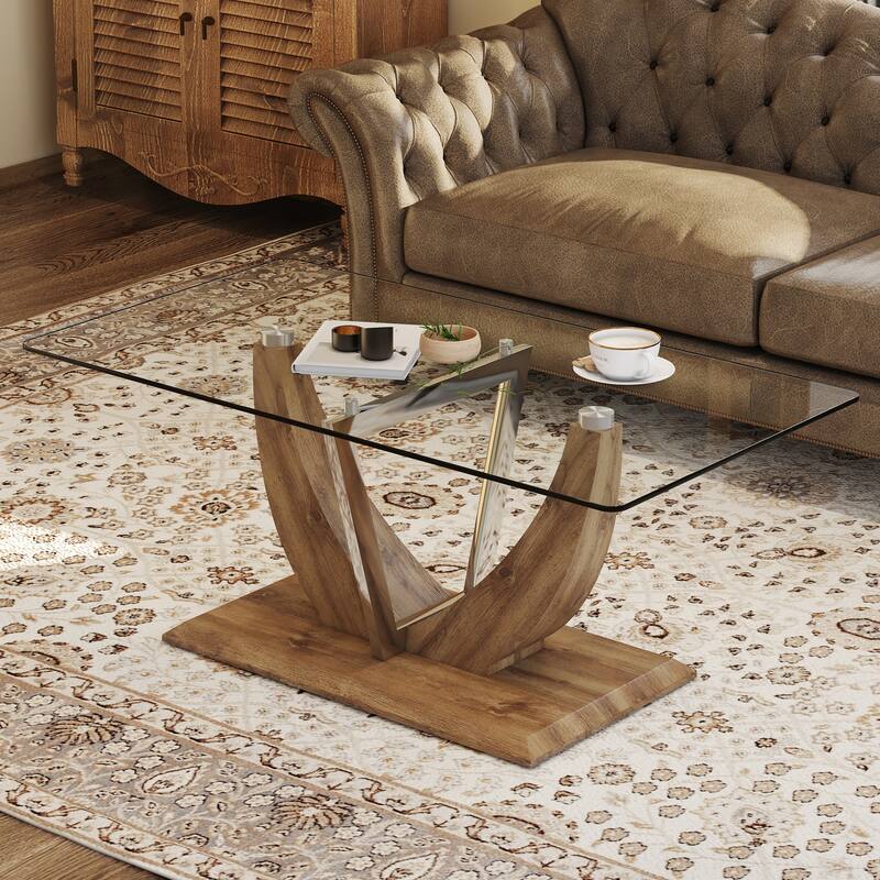 43.3" Modern Rectangular Coffee Table with Stainless Steel Decorative Columns and Thick Base Support