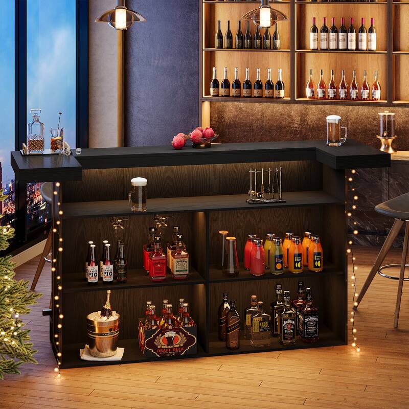 4-Tier Wooden Bar Table, 70.9" Large Home Bar Unit with Storage Shelves for Home, Patio, Basement