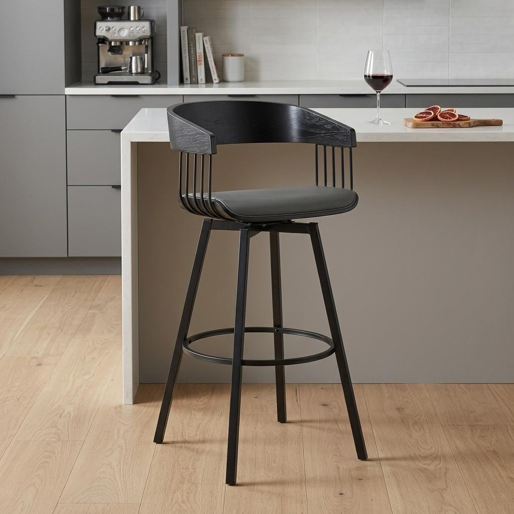HomeRoots 27" Gray and Black Faux Leather with Metal Swivel Counter Height Bar Chair