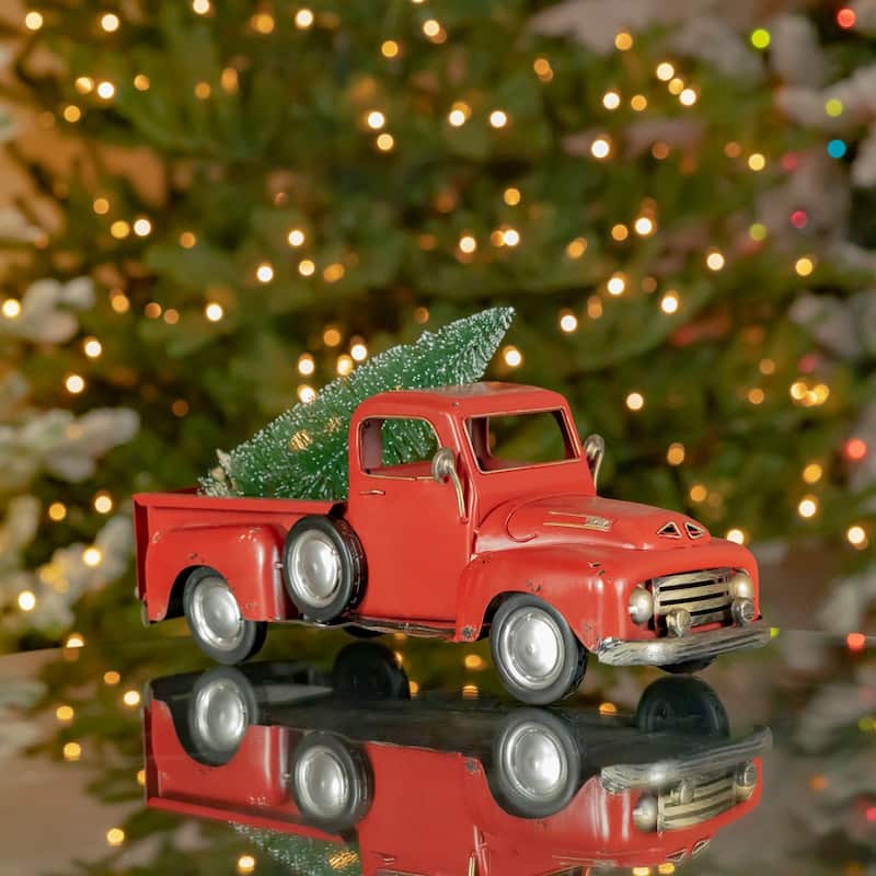 Red Iron Pickup Truck with Christmas Tree - 16.22"x6"x6.5"T - 16.22"x6"x6.5"T - Antique Red