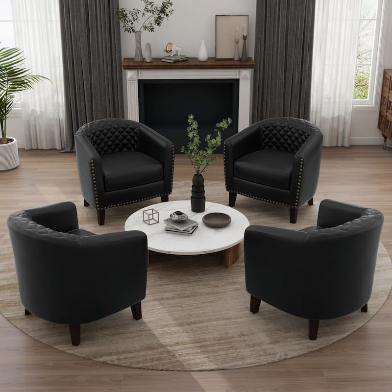 Modern Leather Nailheads Trim Barrel Accent Chairs with Wood Legs - 4 Set - Black