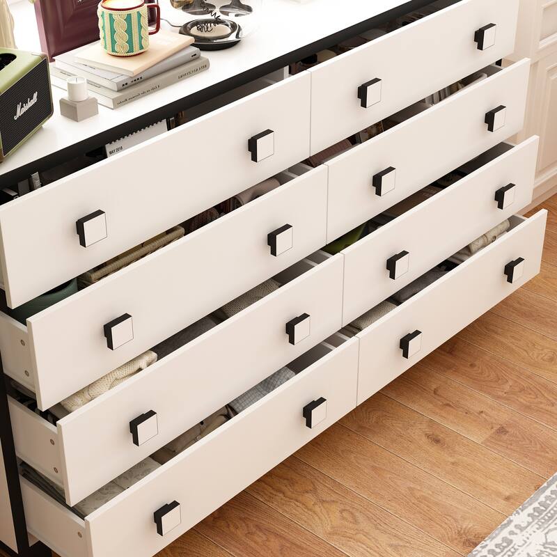 63" Modern 8 Drawer Dresser, Black & White Double Wide Bedroom Storage Chest