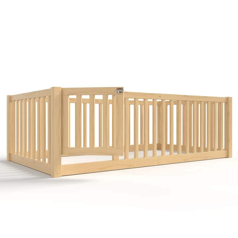 Montessori Floor Bed with Safety Guardrails & Door, Kids Low Profile Frame, Available in Queen/Full/Twin