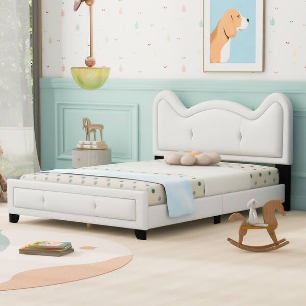 slide 2 of 7, Full Size Upholstered Platform Bed With Carton Ears Shaped Headboard White