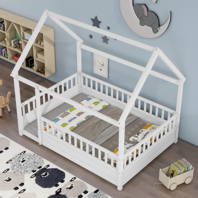 Full Size Floor Wooden Bed with House Roof Frame
