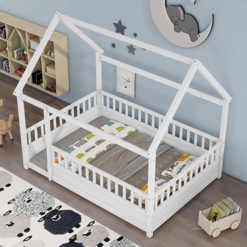 Twin/Full Size Floor Bed Wooden House-shaped Bed Frame with Fence Guardrails & Roof, Twin/Full Size Bed for Kids Boys Girls