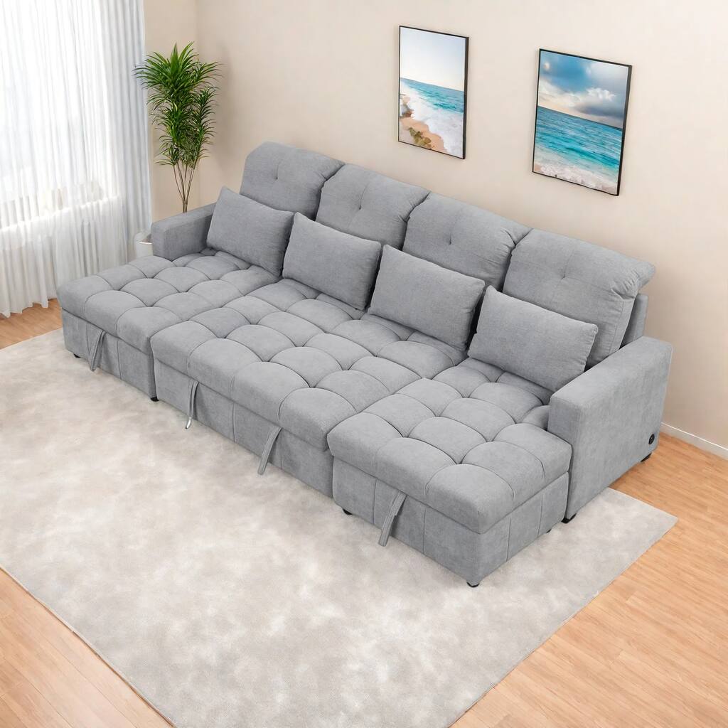 110" Oversized Chenille Convertible U-shaped Sectional Sofa with Pull-out Bed, Double Storage Chaise Lounges, and 2 USB Ports