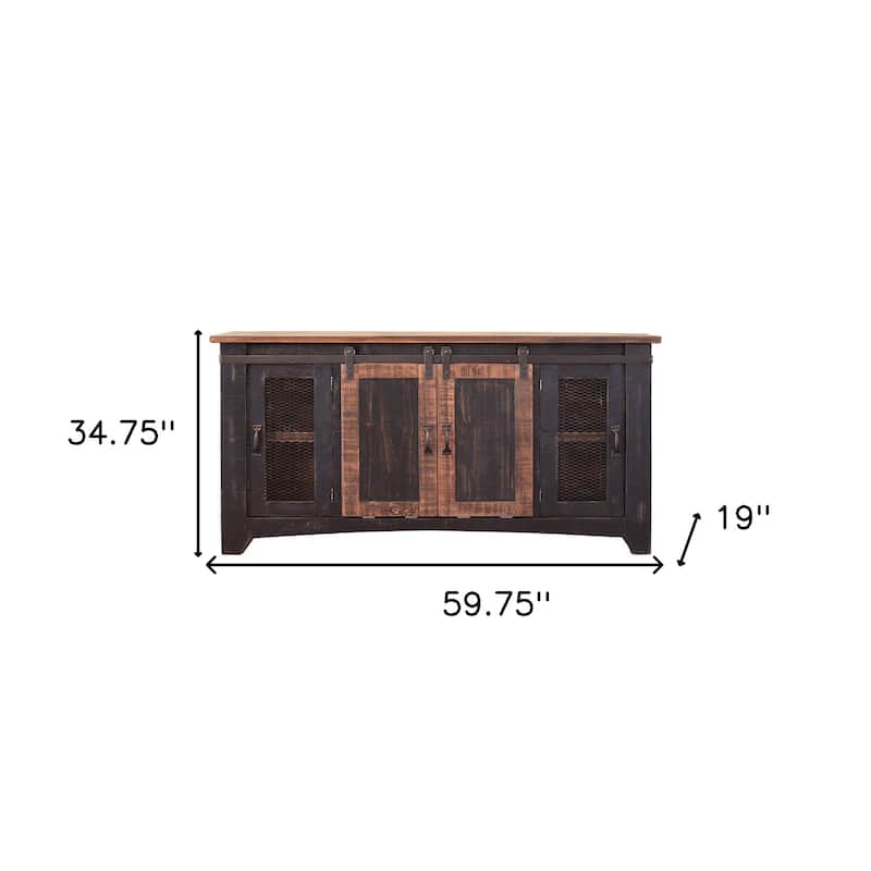 HomeRoots 60" Black Solid Wood Cabinet Enclosed Storage Distressed TV Stand - 59.75' X '34.75' X '19