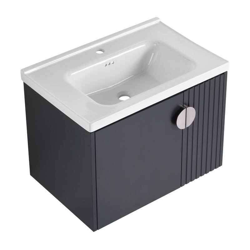 Floating Bathroom Vanity Cabinet with Pre-Drilled Ceramic Sink and Multiple Handle Options - 27.75in L - Black