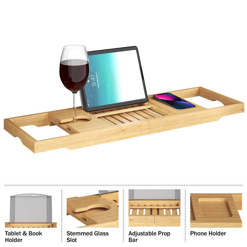 Bamboo Bathtub Tray - Wood Bath Caddy with Extended Sides for Bath Accessories by Home-Complete (Natural)