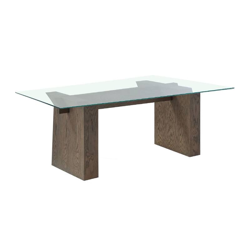 Lan 80 Inch Dining Table, Glass Top, Wood Double Pedestal, 6 Seater, Brown