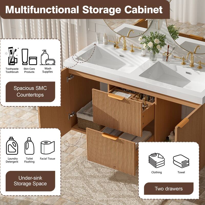 GDFStudio - Mercer Transitional Wall Mounted Bathroom Vanity Cabinet with Double SMC Sink, Soft Close Doors & Drawers