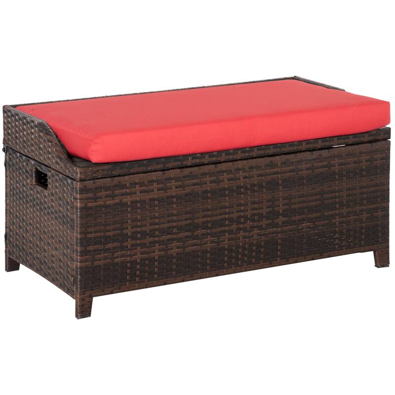 Outsunny PE Rattan Patio Storage Bench with Interior Water-Fighting Cloth Bag & Comfortable White Top Cushion