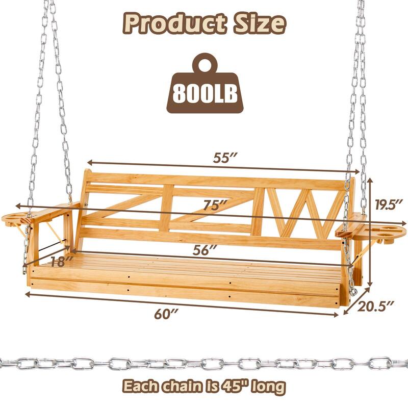 2 or 3-person Wood Porch Swing Heavy Duty with Foldable Tray